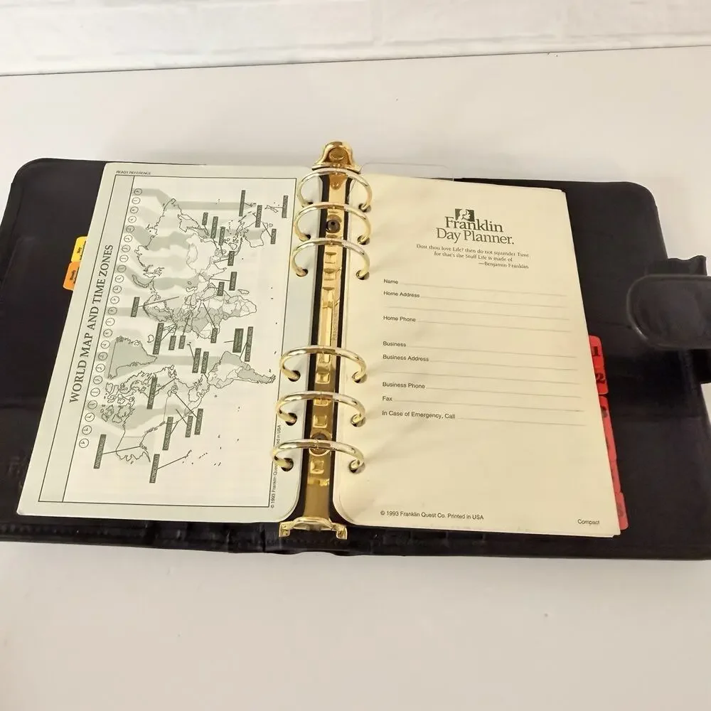 Franklin Quest Full Grain Nappa Leather Day Planner Black 6 Ring 6